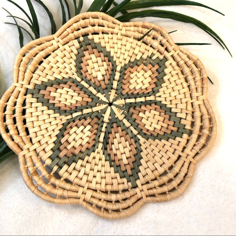 Vintage Flat Woven Wicket Basket Green Flower